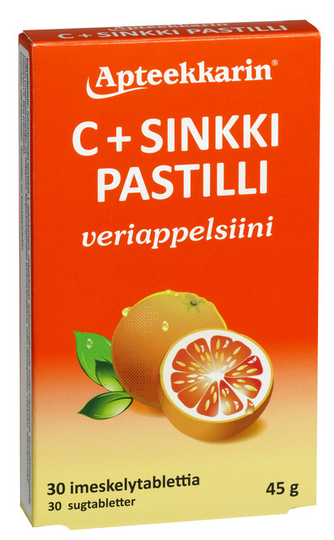 Apteekkarin C+ Sinkki pastilli veriappelsiini 30 KPL