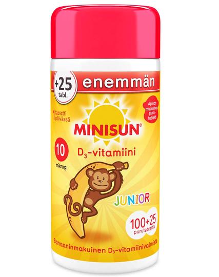 Minisun D-Vitamiini 10 mikrog Junior Apina 125 purutabl banaani
