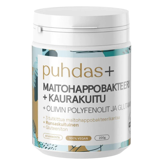 Puhdas+ Maitohappobakteeri+Kaurakuitu+Oliivin polyfenolit ja Glutamiini 200g